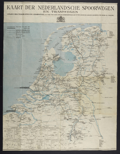 29385 Kaart van het lijnennet van de spoorwegen en tramwegen in Nederland, uitgegeven door de N.V. Nederlandsche ...